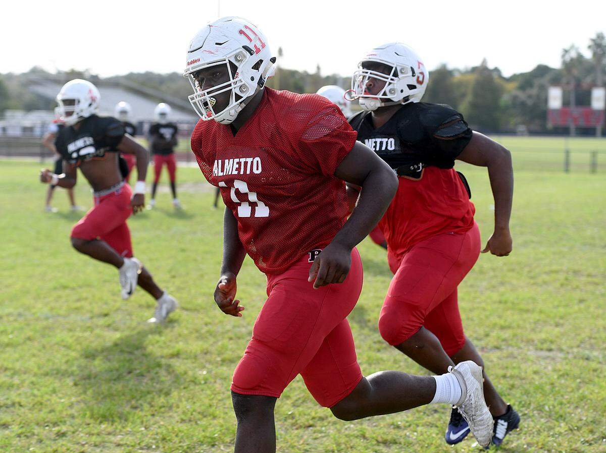 Kevion Williams, senior defensive end for Palmetto football, in practice Tuesday.
