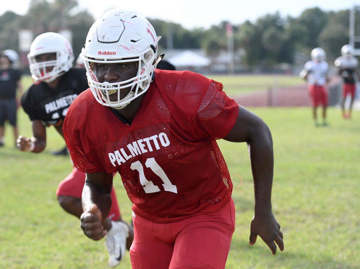 Kevion Williams, senior defensive end for Palmetto football, in practice Tuesday.