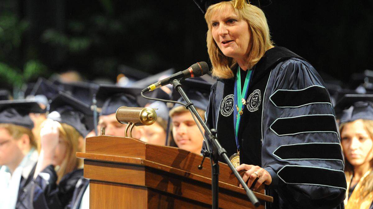 State College of Florida President Carol Probstfeld speaks during the 2016 State College of Florida Collegiate School graduation ceremony Friday at Neel Performing Arts Center. 
 GRANT JEFFERIES/Bradenton Herald