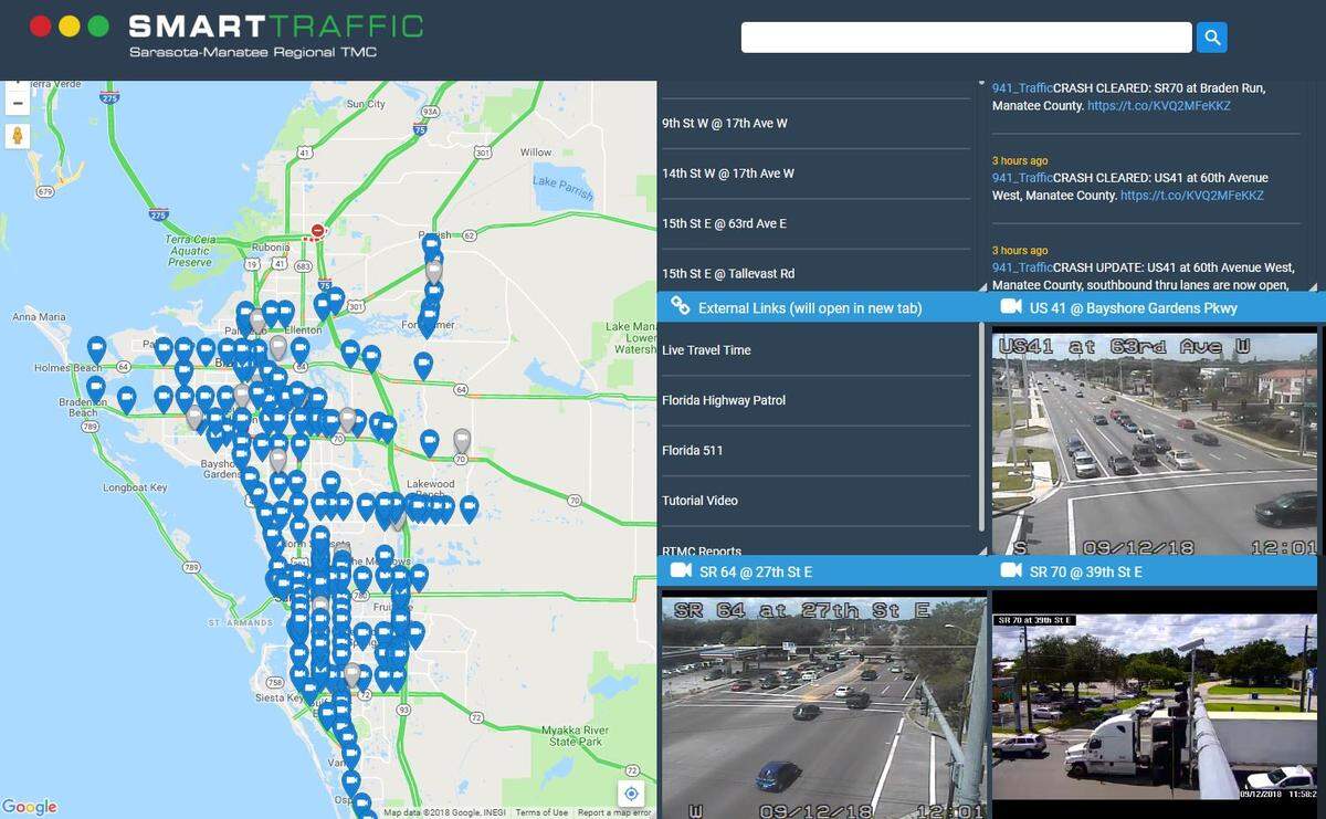 The new Smart Traffic website allows public access to real-time camera footage from more than 200 CCTV cameras from Parrish to North Port. Clicking one of the blue icons allows you instantly stream video footage on your device.