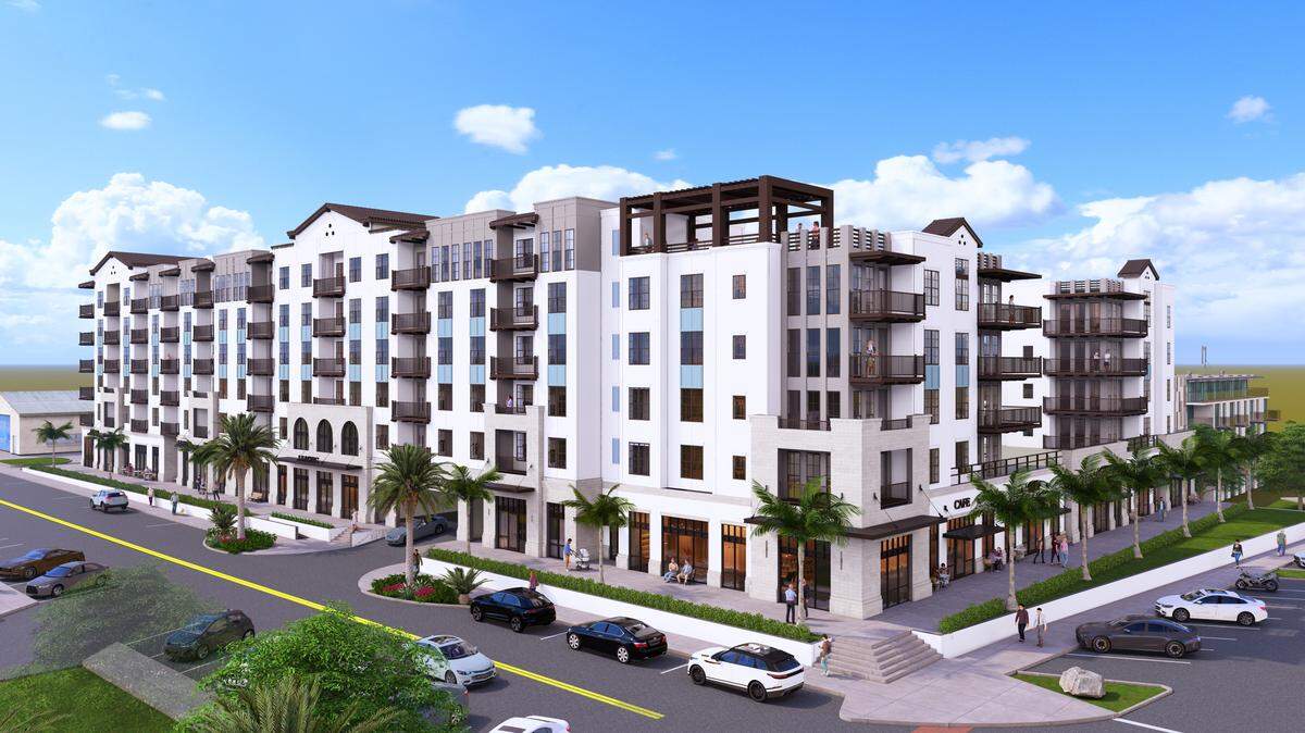 A provided rendering shows the design of the $60 million Marina & Main apartment complex that is expected to be completed in 2028 along Riverside Drive in Palmetto.