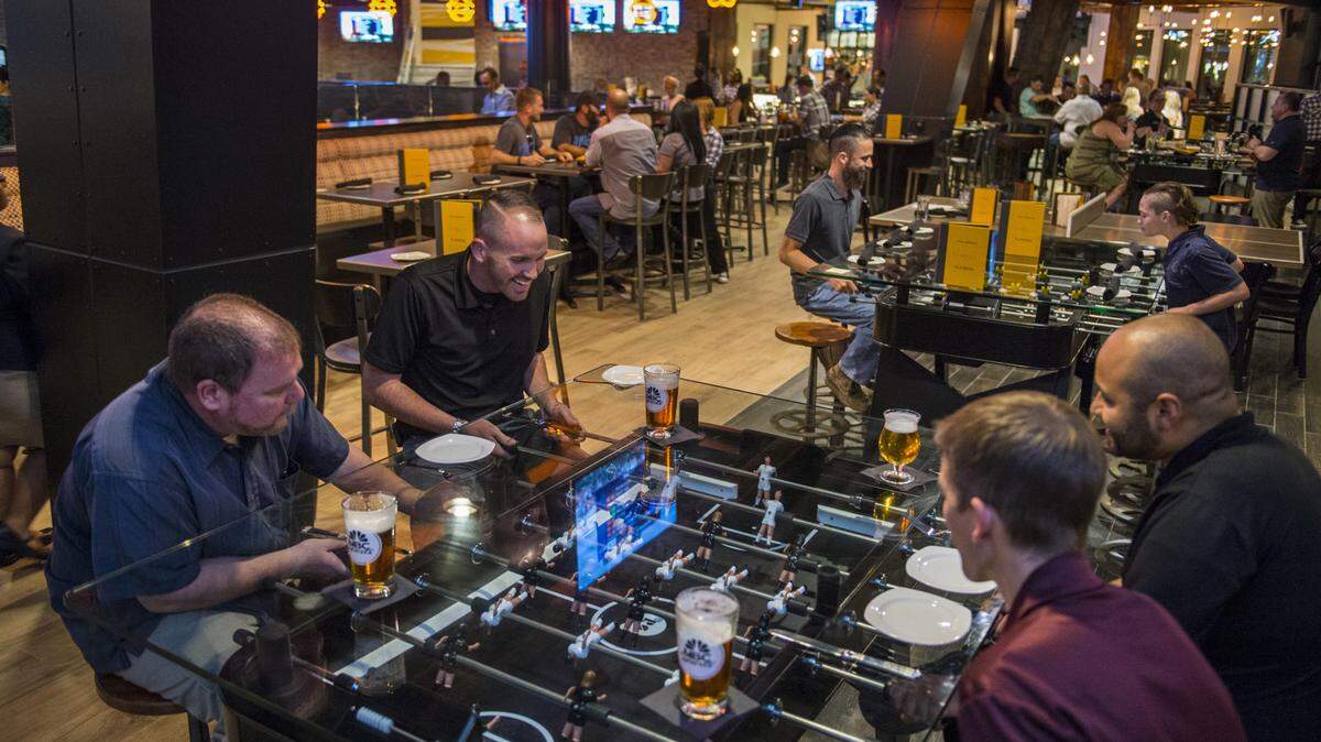 The NBC Sports Grill & Brew at Universal Orlando Resort opened last week. The venue features nearly 100 HD TV screens, more than 100 unique beer selections and fun-looking foosball tables. Credit: Universal Orlando Resort.