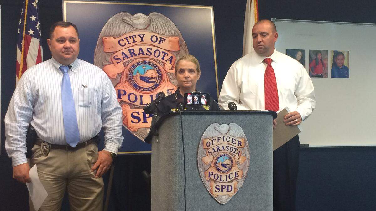 From left: Sarasota Police Lt. Randy Boyd, Sarasota Police Chief Bernadette DiPino, and Sarasota Police Maj. Johnathan Todd, at a press conference Thursday afternoon in Sarasota. 
 AMARIS CASTILLO/Bradenton Herald