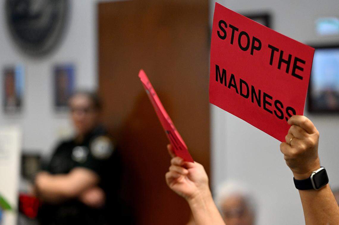 Dozens of residents protested the proposed changes to Manatee County's wetland buffers during a meeting of the Board of County Commissioners on Thursday, Oct. 5, 2023. More than 2,300 signed an online petition against the change.