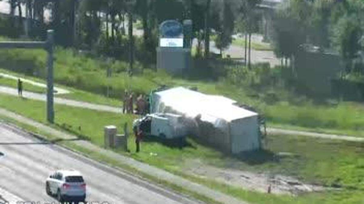 Am overturned semi truck at State Road 70 and Interstate 75 slowed traffic in the area Thursday morning.