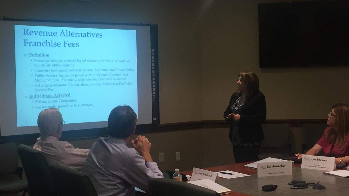 Manatee County Financial Management Department Director Jan Brewer talks about revenue alternatives available during Thursday's Citizens Financial Structure Advisory Board meeting.CLAIRE ARONSON/Bradenton Herald