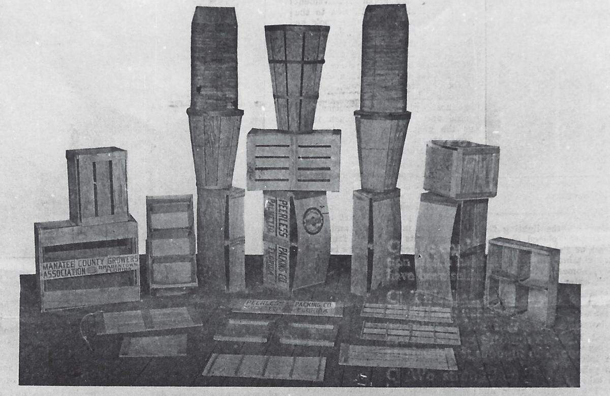 An illustration in a 1920s newspaper showing the crates and hampers manufactured by the Manatee Crate Company.