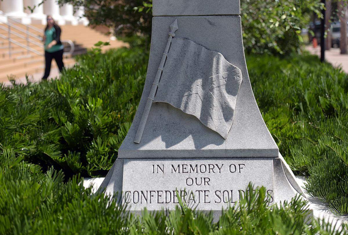 A controversial monument to the Confederacy could be restored to its original location outside the Manatee County Courthouse later this year. The base of the statue is shown in this 2017 Bradenton Herald file photo.