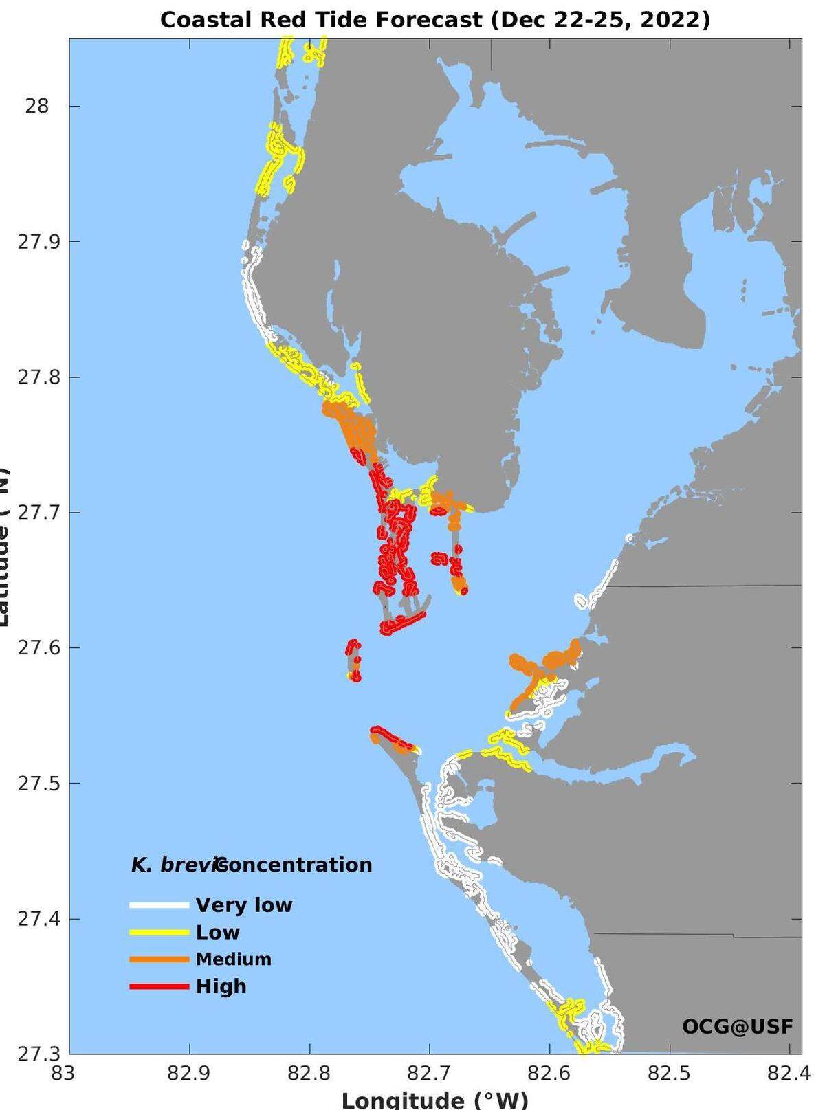 A red tide forecast from the University of South Florida shows the likelihood of the harmful algal bloom’s presence around Tampa Bay and Southwest Florida over the coming days.
