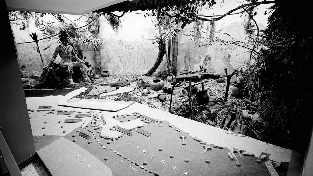 The local legend claiming that a Native American blessing protects Sarasota Bay from hurricanes is not true. A Timucua Native American display at what was the South Florida Museum in Bradenton is shown in this historic photo.