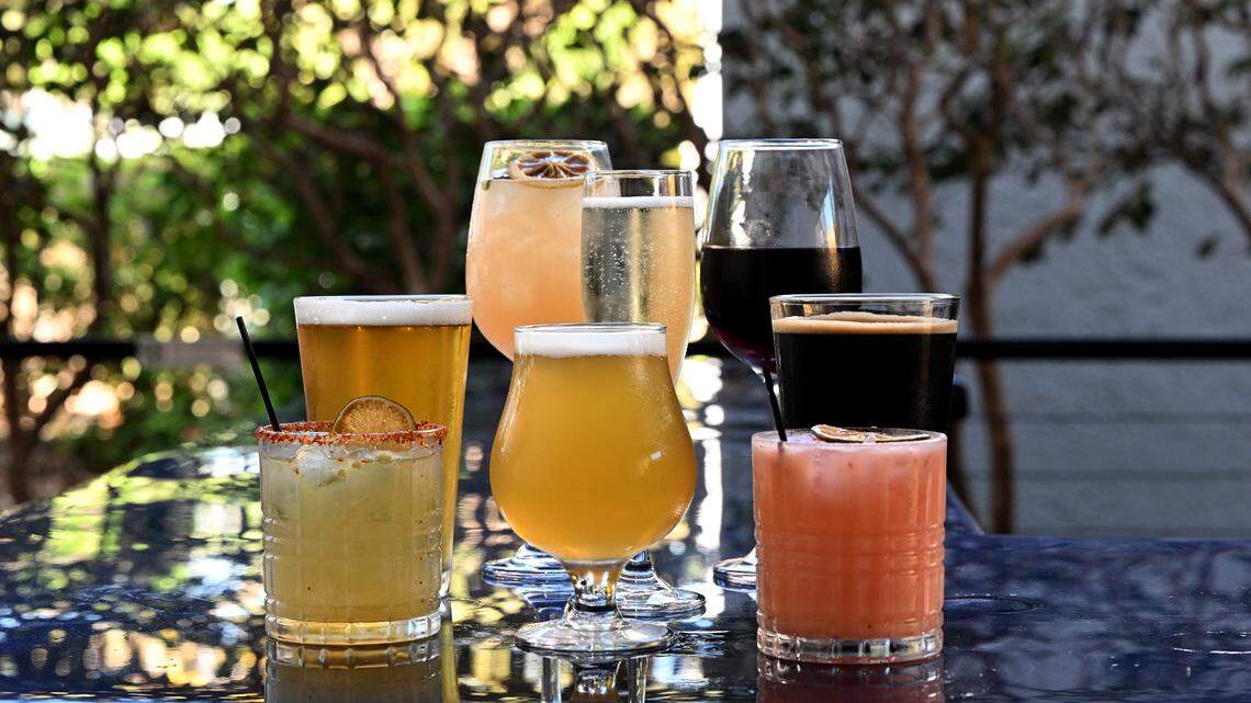 Several of the drinks served at Good Liquid Brewing Co. including the Vibe Check, Sorority Girl, On Vaca IPA, an Orange wheat, milk stout, House cabernet and prosecco in downtown Bradenton on March 12.