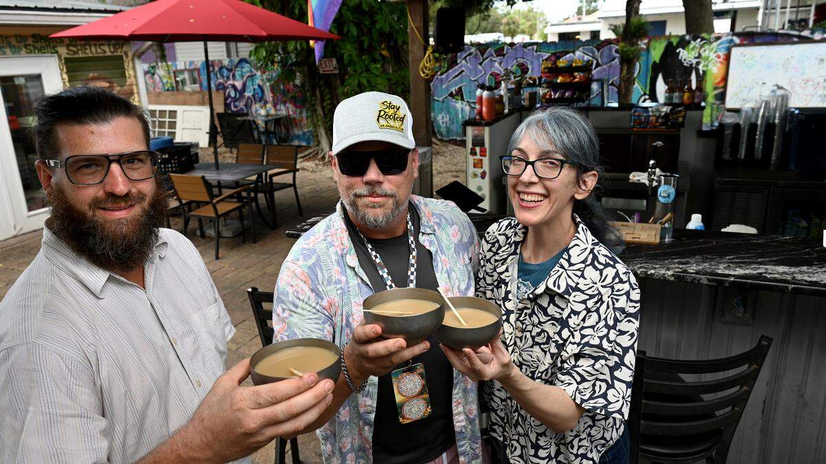 Andrew Schroeder of Adobe Kava and Ryan Bodie and Sara Lewis of the Kava Social Club on Sept. 25, 2025. 