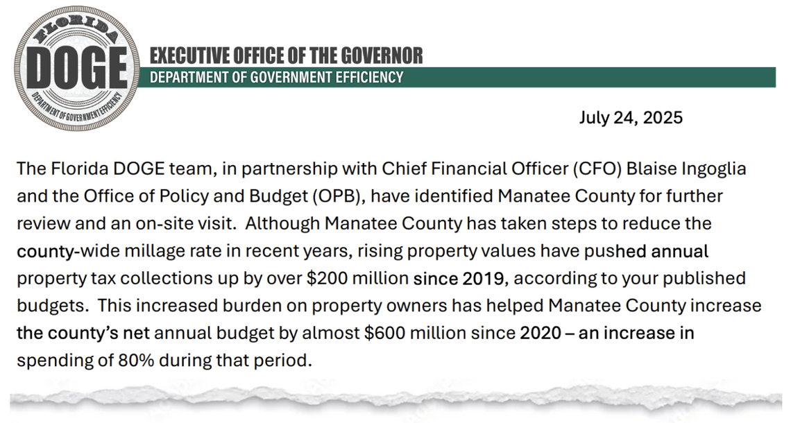 Text from the July 24, 2025, letter from DOGE to Manatee County commissioners.