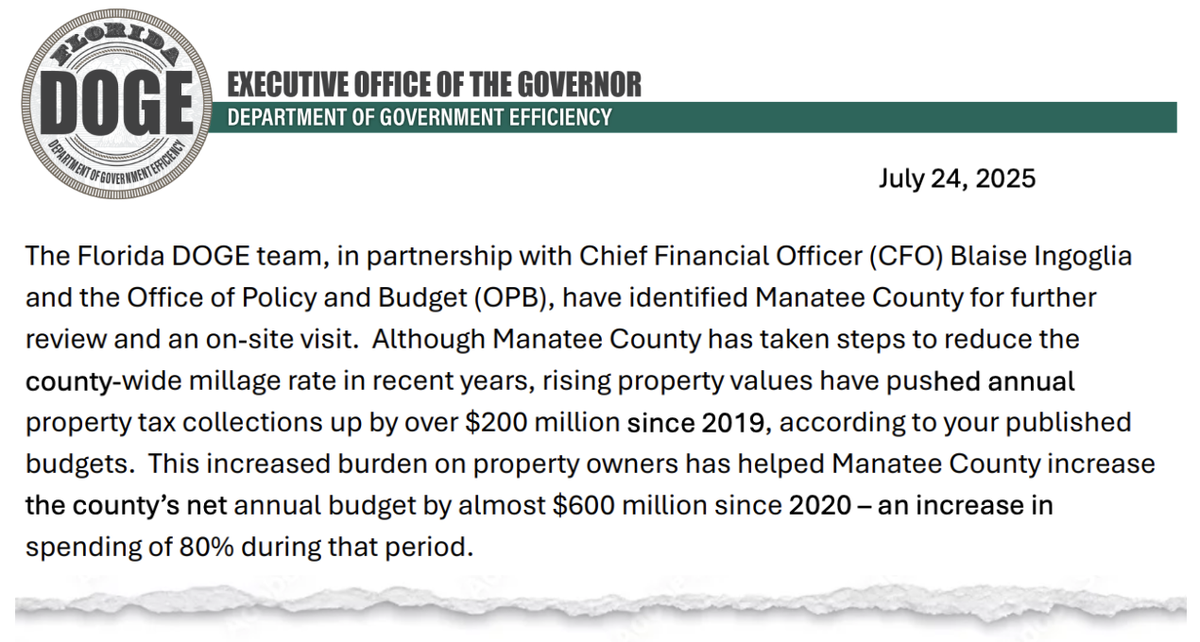 Text from the July 24, 2025, letter from DOGE to Manatee County commissioners.