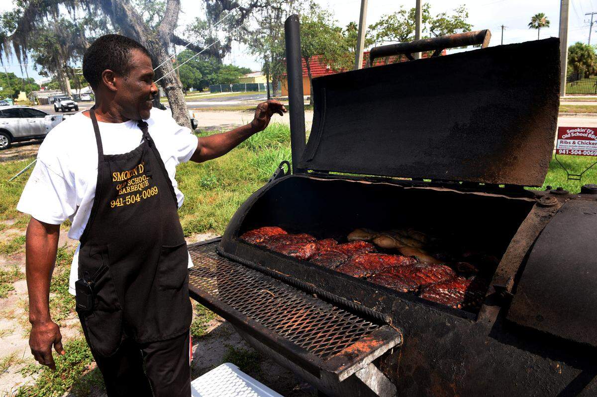 Darryl Fields of Smokin’ D’s Old School BBQ cooks chicken and ribs on Fridays and Saturdays. You can pick up his smoky homemade BBQ or macaroni and cheese and potato salad in the 500 block of MLK Blvd. in Bradenton.