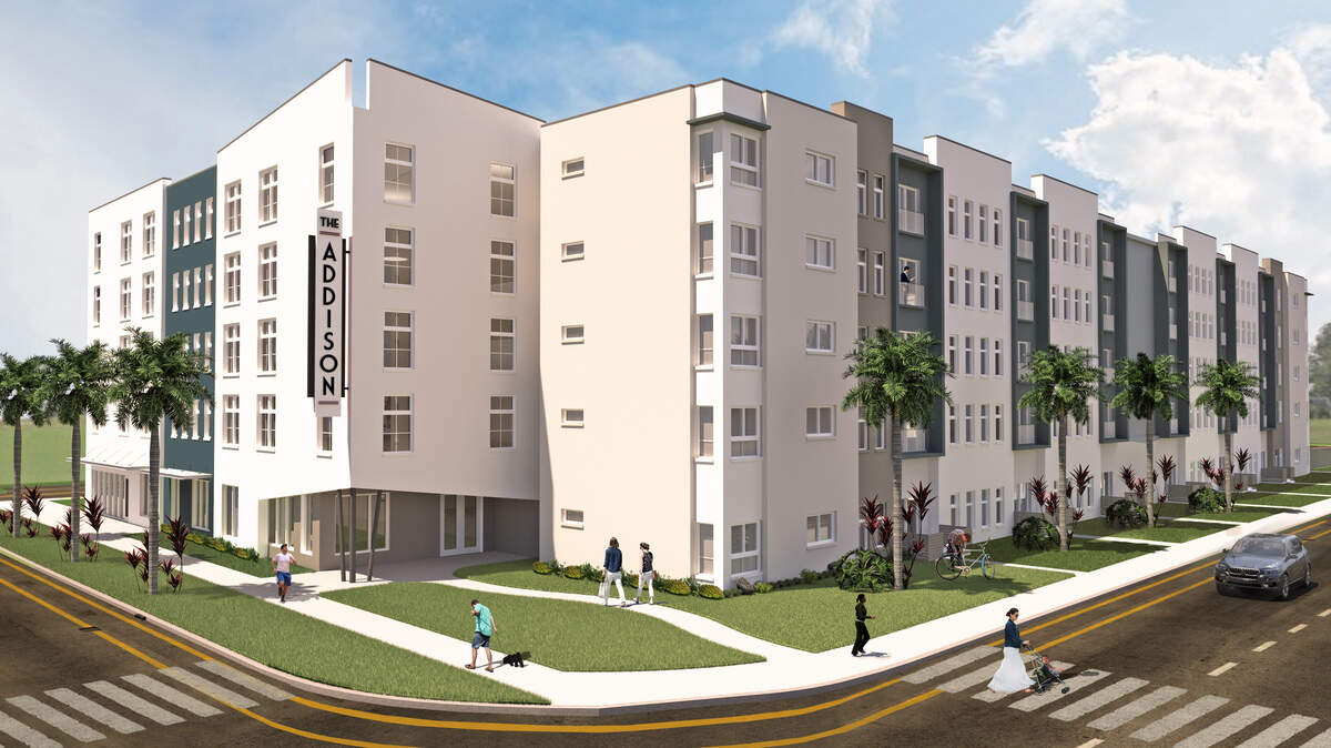 A rendering of the 90-unit apartment complex, which will include 77 affordable housing units, broke ground Monday in east Bradenton.