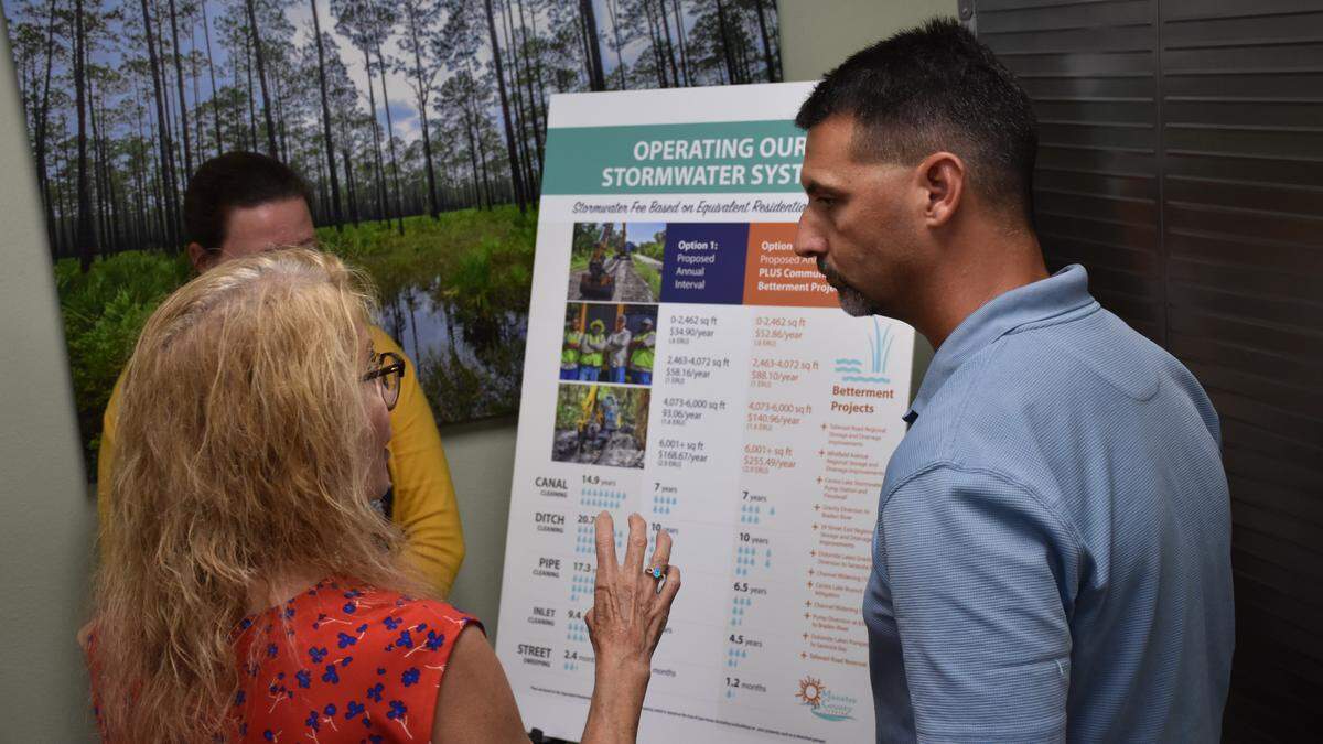Terry Couch, left, questions Manatee County staff about an upcoming stormwater fee that is meant to reduce flooding and improve water quality at an information session at Rocky Bluff Library on Wednesday.
