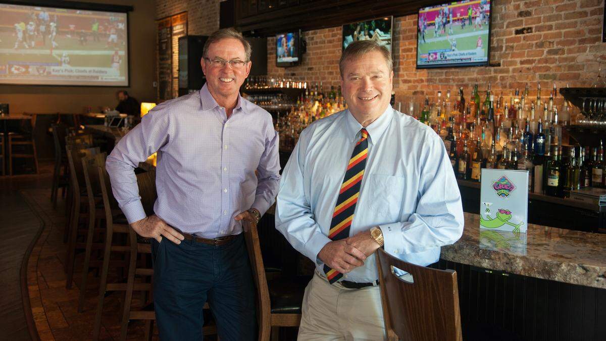 Gecko’s Grill & Pub founders Mike Gowan, left, and Mike Quillen are celebrating the 30th anniversary of their company. There are now six Gecko’s restaurants in the Bradenton and Sarasota area.
