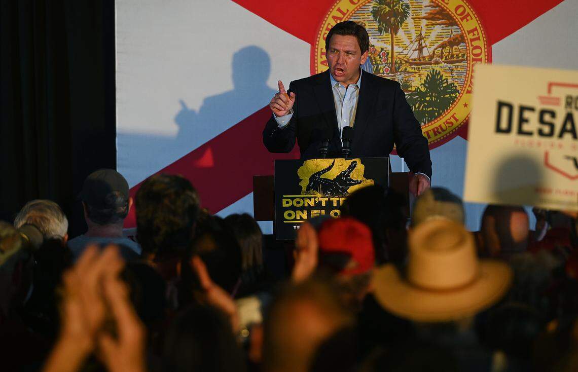 Governor Ron DeSantis takes to the stage during his Don’t Tread on Florida Tour in Sarasota on Sunday, Nov. 6.
