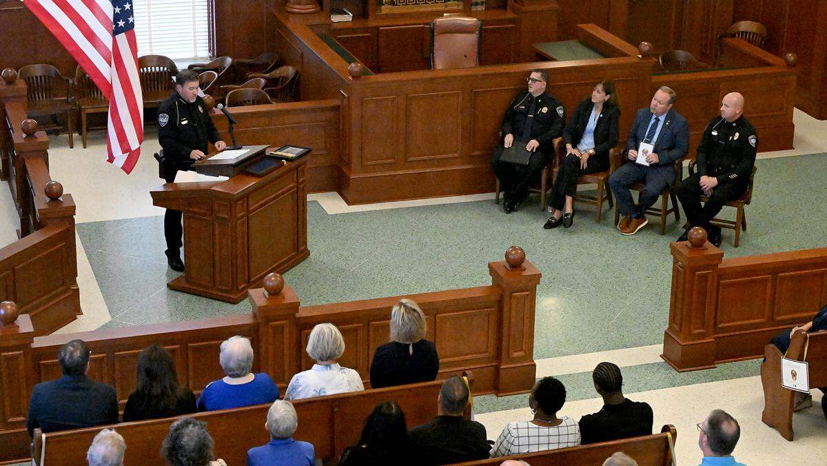 New Bradenton Police Chief Josh Cramer gives a speech after his swearing in ceremony in the Honorable “Chips” Shore Historical Courtroom on July 8, 2025.