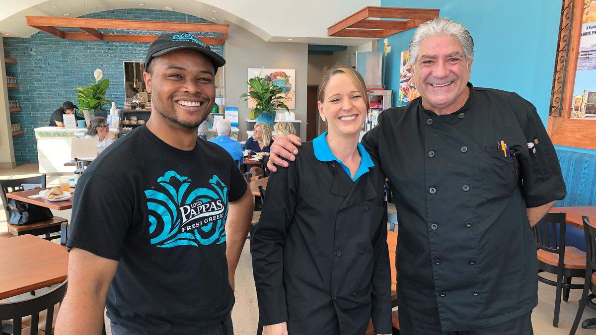 Louis Pappas, right, is shown with Richard Rogers, assistant manager, and Sherrie Spruill, general manager, of the new Louis Pappas Fresh Greek restaurant in University Park at 8512 Cooper Creek Blvd.