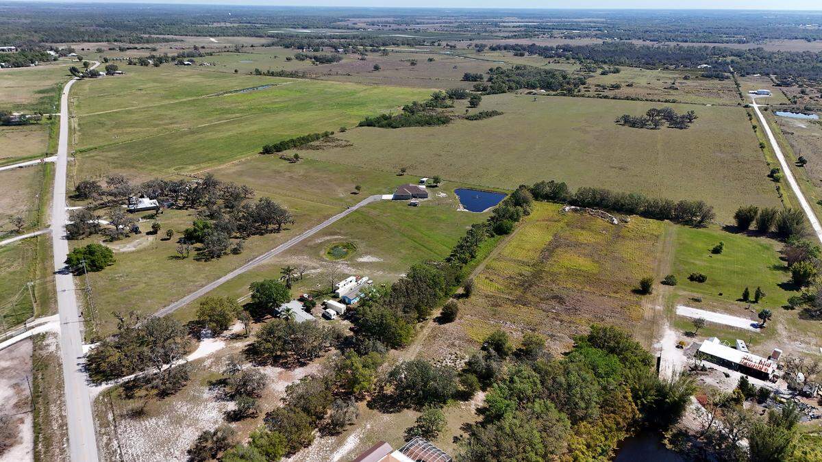 Manatee County is seeking the state’s help to conserve 550 acres of land in Myakka that could form a key link in the Florida Wildlife Corridor. Part of the land they are looking at is past the tree line midway in this photo taken March 13, 2025. Betts Road is seen on the left and part of Anson Road, a private road, is on the right.