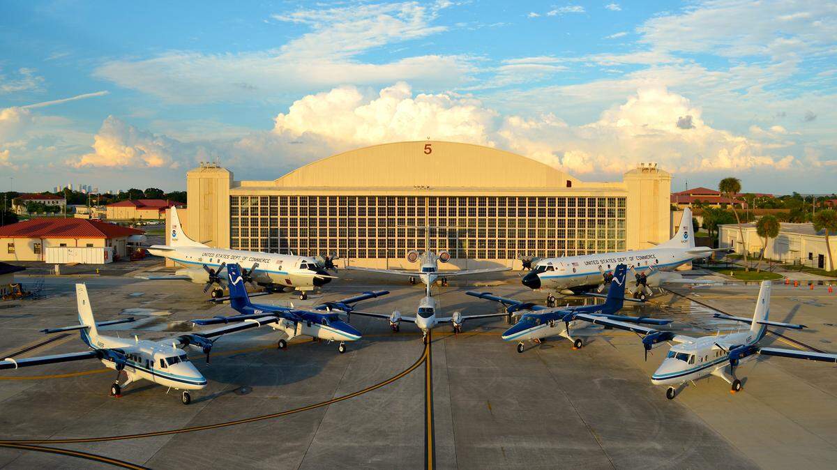Taken in 2013, This photo shows various NOAA aircraft, including the agency's two Lockheed WP-3D Orions and Gulfstream IV-SP "hurricane hunter" planes, in front of Hangar 5 at MacDill Air Force Base. PROVIDED PHOTO