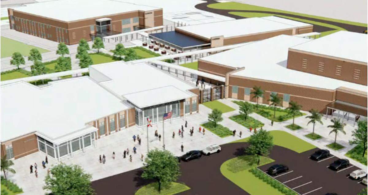 A rendering of the proposed AAA High School, a 300,000 square-foot campus located along Lorraine Road.