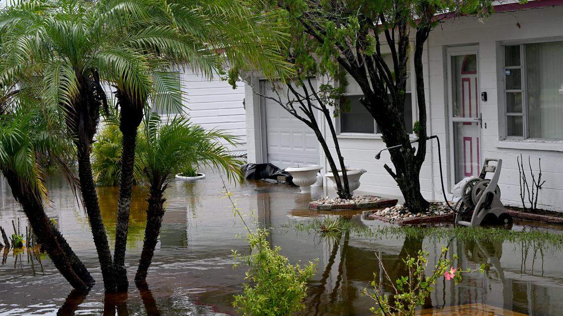 A home in Rubonia is surrounded by water on 71st Street East after Hurricane Debby swept through the area on Monday, Aug. 5, 2024.