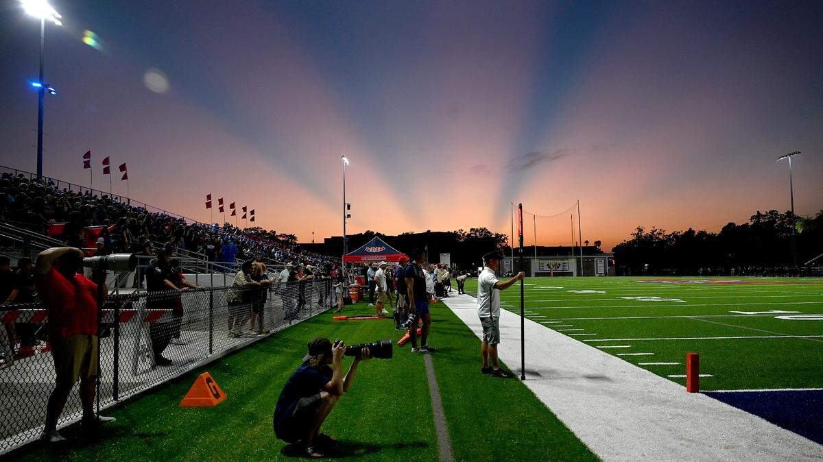 The sun sets Friday, Sept. 15, 2023, at Hawkins Stadium.