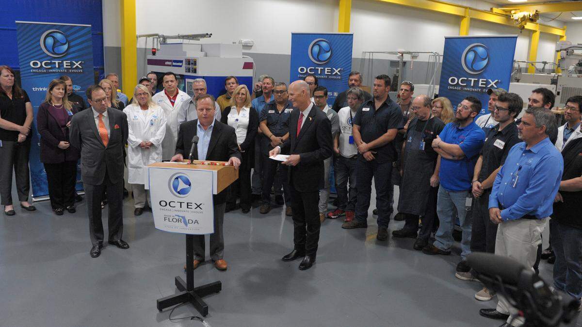 Jim Westman, owner and CEO, introduces Florida Gov. Rick Scott during a visit to Octex on Wednesday in Sarasota, highlighting job creation in Florida. 
 GRANT JEFFERIES/Bradenton Herald