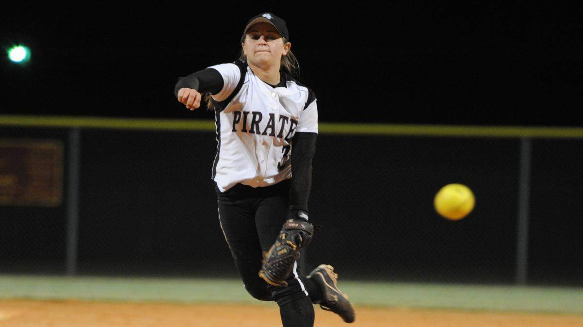 Courtney Mirabella fires a pitch during a Feb. 28, 2013, game against Lakewood Ranch at Braden River. Mirabella is now the No. 1 pitcher at North Carolina State. HERALD FILE PHOTO