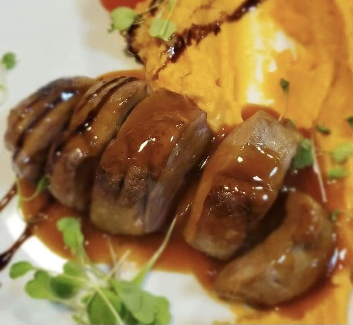 Myriam and Jean Dandonneau are aiming to open their third Madamoiselle Paris restaurant and bakery in March at 9906 Gulf Drive, Anna Maria. Show above is their duck breast with orange sauce.