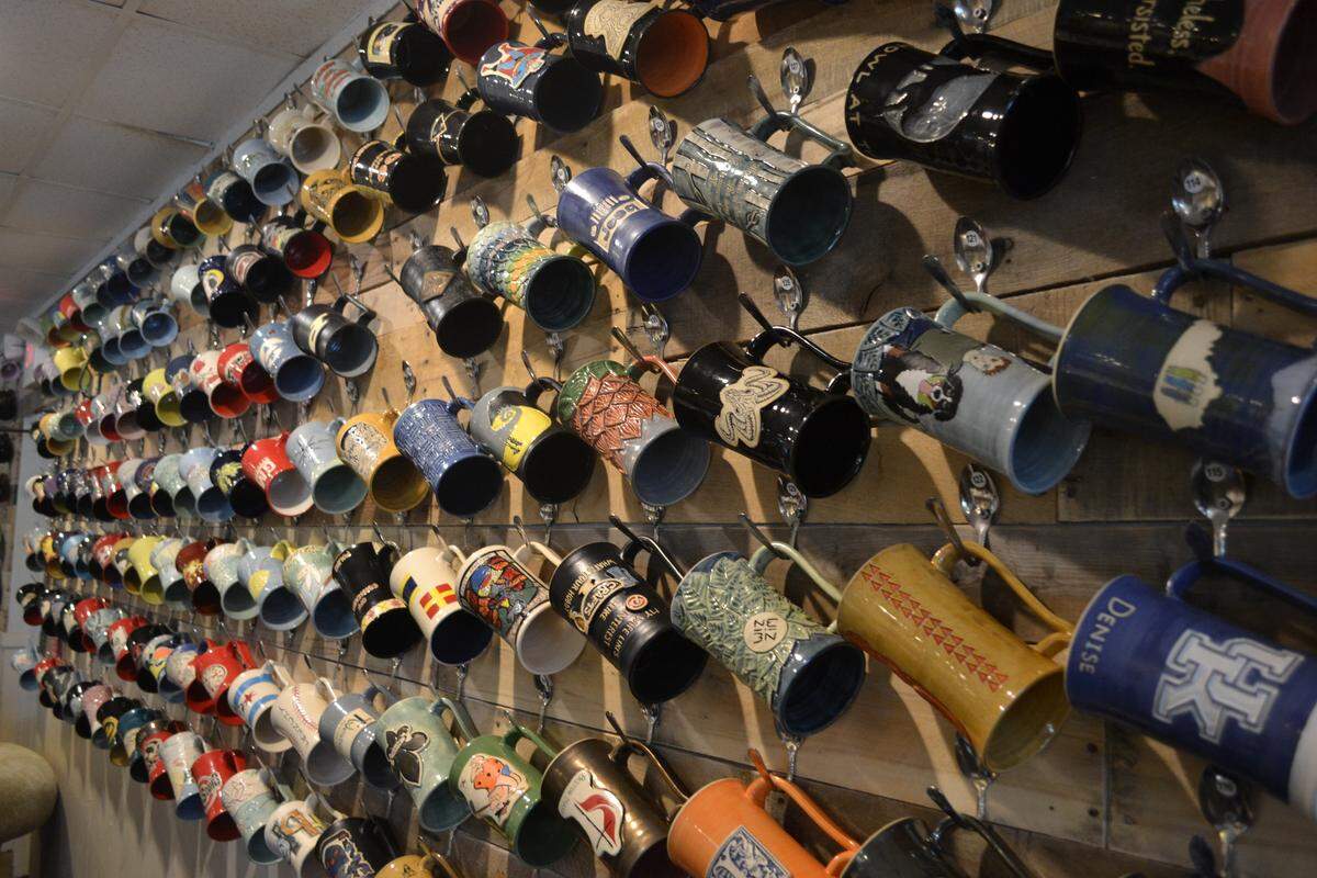 6/11/18--At 3 Keys Brewing and Eatery, patrons can join the Mug Club to get a custom beer mug and have it stored for future use on the back wall of the taproom.