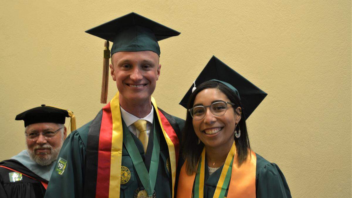 University of South Florida Sarasota-Manatee graduates Lukas Oest and Cassandra Benjamin received awards for their service and academic achievement at the spring commencement ceremony.