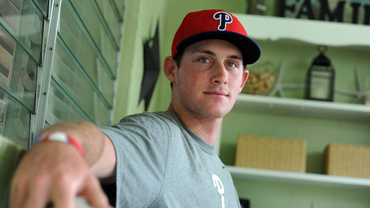 Manatee Baseball star Cord Sandberg, in his Bradenton, Fla home, was selected by the Philadelphia Phillies with the 89th pick in the Major League Baseball First-Year Player Draft Friday. 
 TIFFANY TOMPKINS-CONDIE/Bradenton Herald