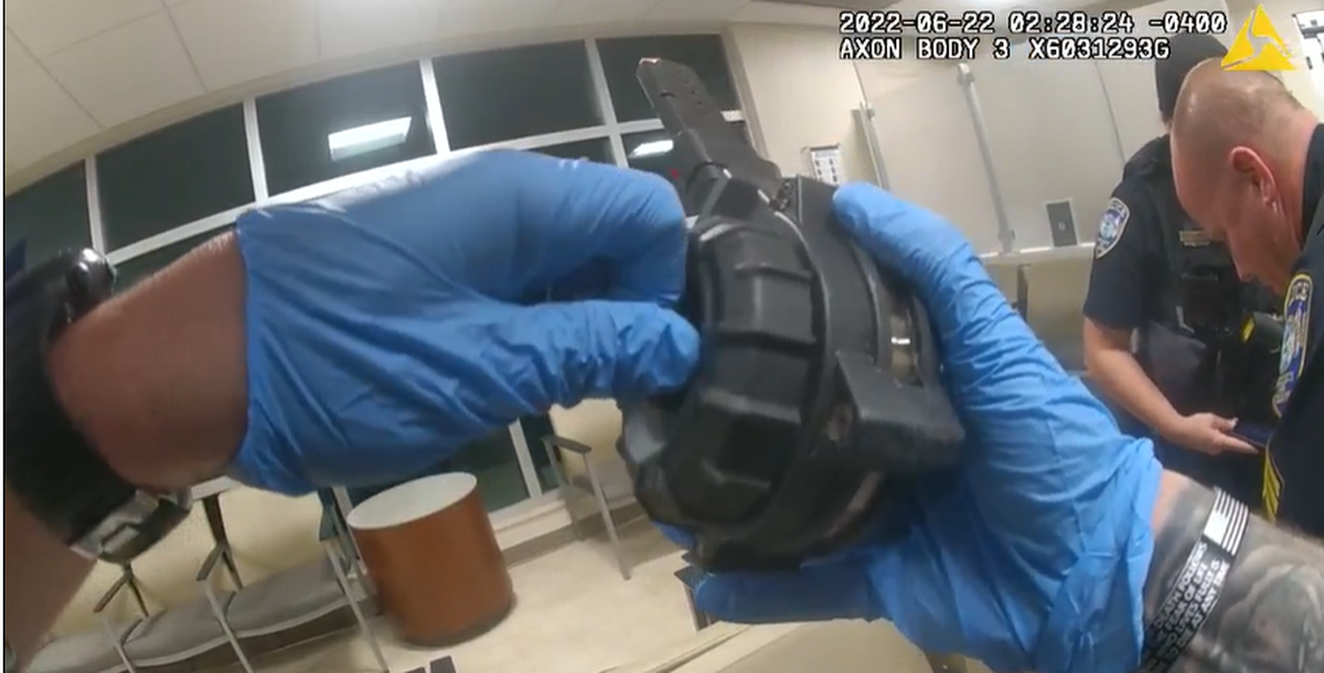 Bodycam footage shows a 50-round, drum-style magazine that police say was seized from a woman who was seen loading a gun in the emergency room at at HCA Florida Blake Hospital in Bradenton early Wednesday morning.