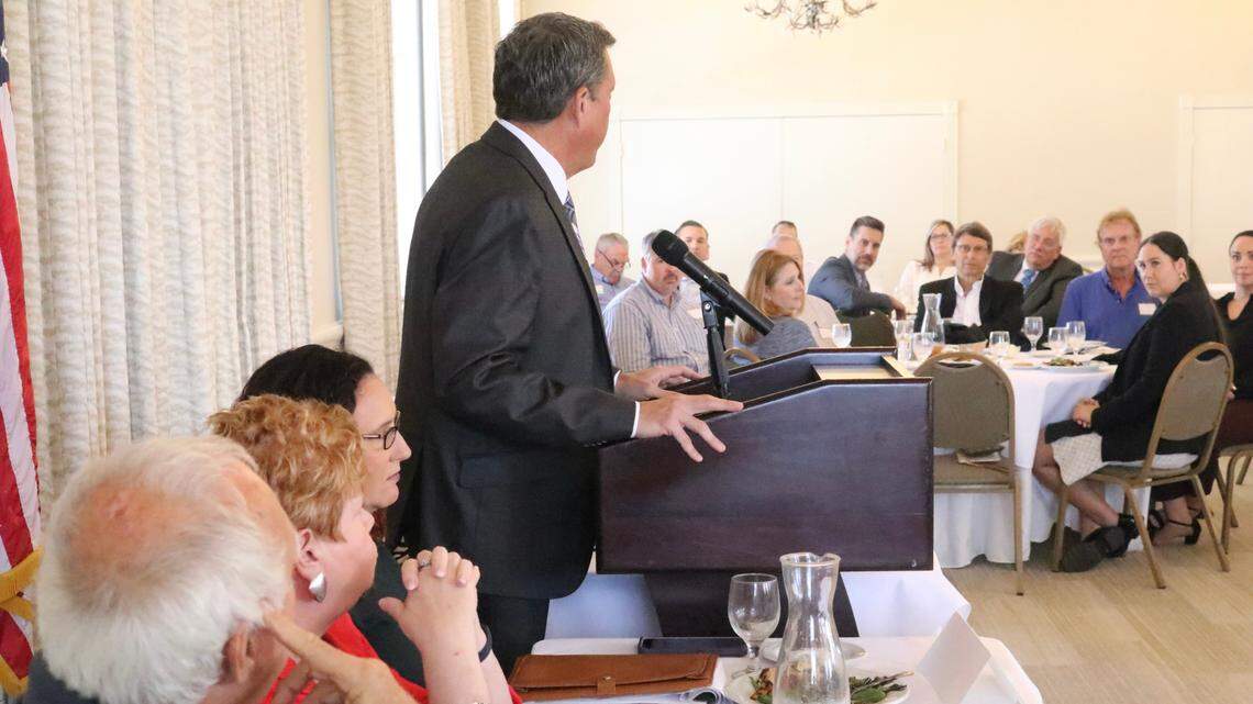 Manatee Tiger Bay Club members listen to County Commissioner George Kruse talk about his ideas for smart growth on Feb 24, 2022.