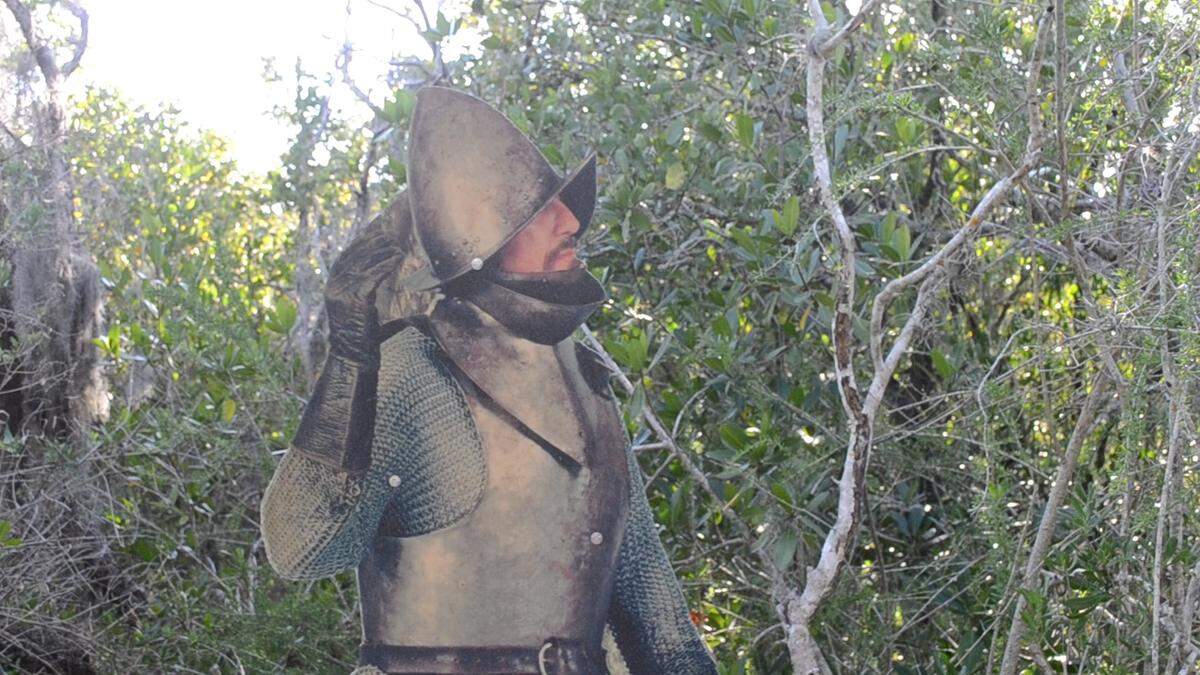 A cutout of a Spanish conquistador on the nature trail at De Soto National Memorial.