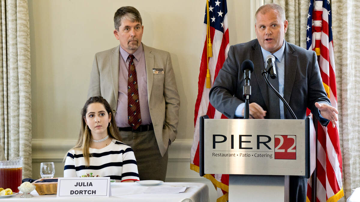 (From left) Julia Dortch, a student at State College of Florida Collegiate School; Chris Wille, president of Manatee Tiger Bay Club; and Jeff Young, an attorney and Manatee County resident.