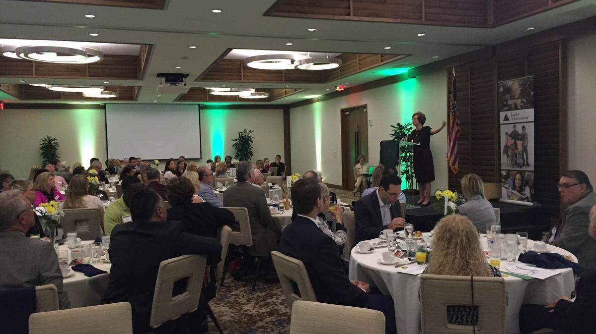 Sarasota County Superintendent Lori White speaks about the benefits of Junior Achievement during a breakfast on Thursday morning. MEGHIN DELANEY / Bradenton Herald