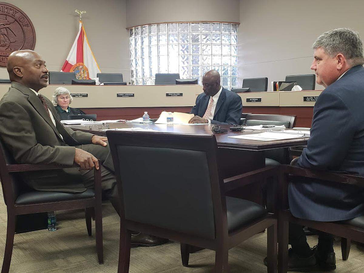 The Florida Department of Education’s attorney, Ron Weaver, questions Sarasota County School Superintendent Todd Bowden during a hearing over a complaint of misconduct that alleges Lincoln Memorial Academy Principal Edide Hundley provided false information or mislead the district when he recommended a former teacher who was under criminal investigation.