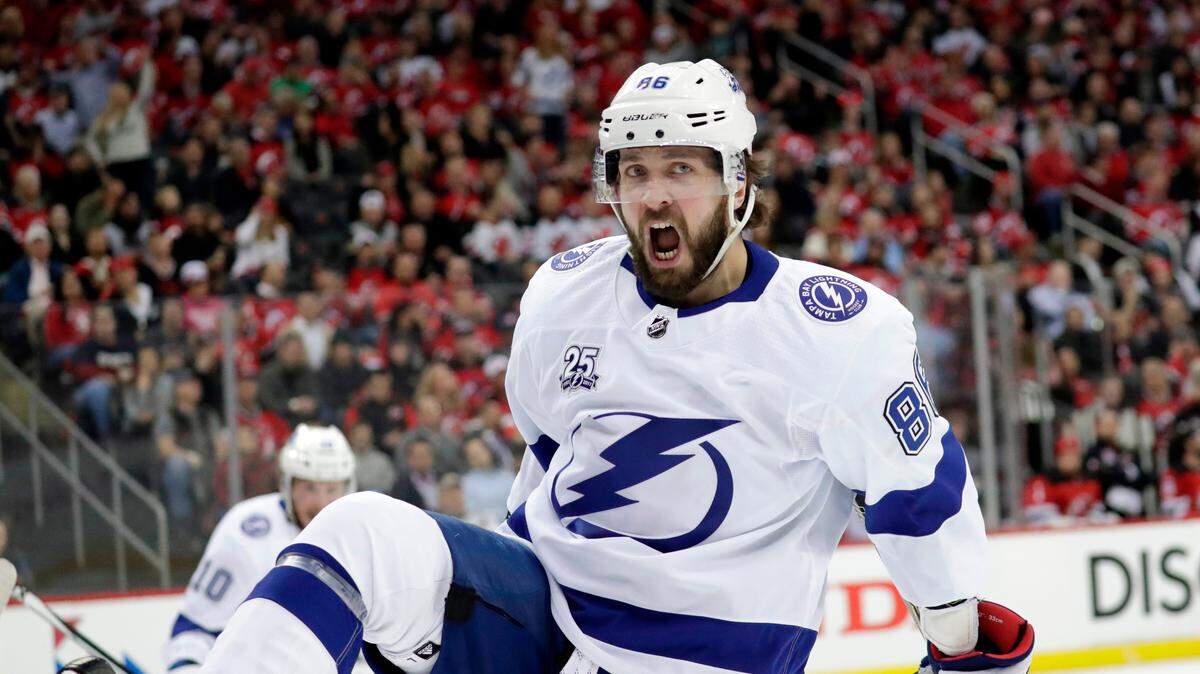 In this file photo, Tampa Bay Lightning right wing Nikita Kucherov, of Russia, celebrates his goal against the New Jersey Devils during the first period of Game 4 of an NHL first-round hockey playoff series on April 18 in Newark, N.J.