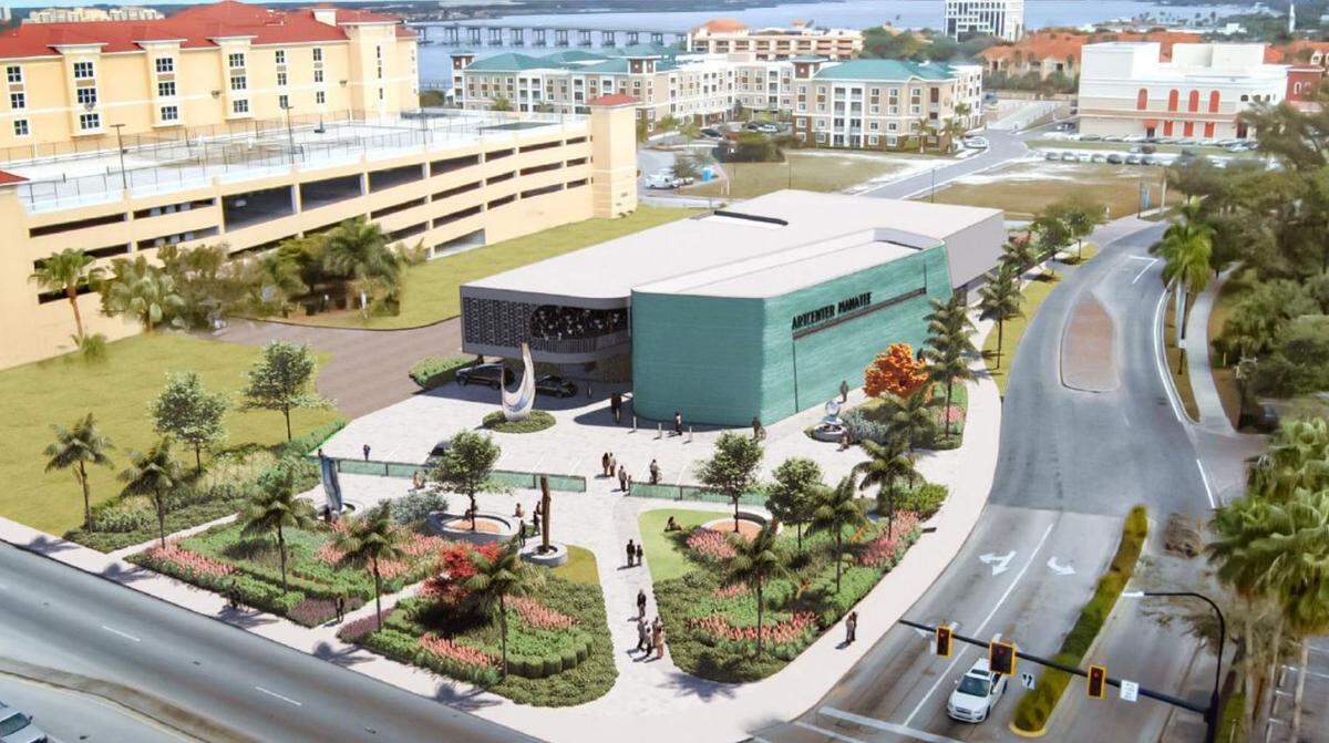 An artistic rendering shows off ArtCenter Manatee’s planned 23,400-square-foot building, which will be added as part of the incoming Promenade at Riverwalk development in downtown Bradenton.