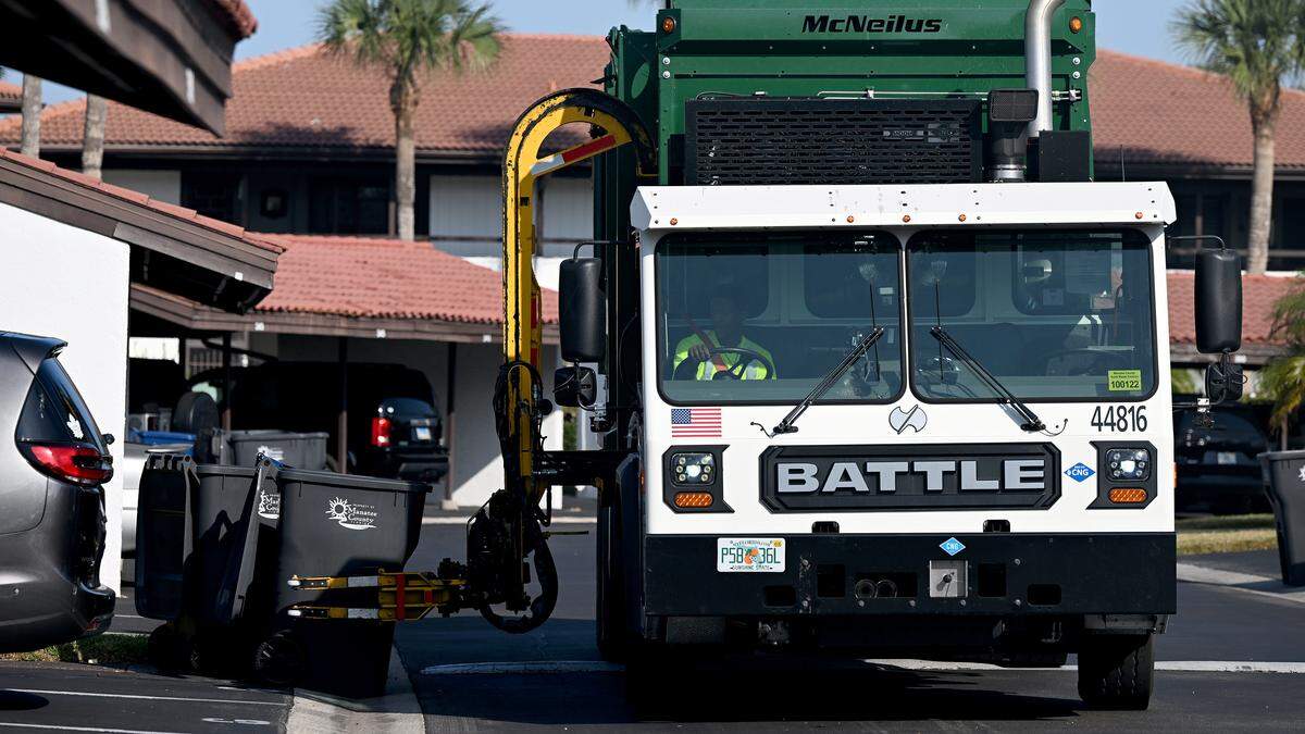 Local waste collection schedules will change for the Christmas and New Year’s holidays. A Waste Pro truck empties trash bins in Valencia Condominiums in Bradenton on Nov. 24, 2025.
