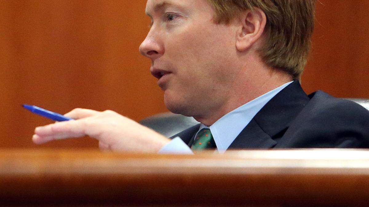 Agriculture Commissioner Adam Putnam brings up a point as cabinet members discussed measures on how to hire and fire management in the agencies they oversee on Tuesday, March 10, 2015, in Tallahassee, Fla.(AP Photo/Steve Cannon)