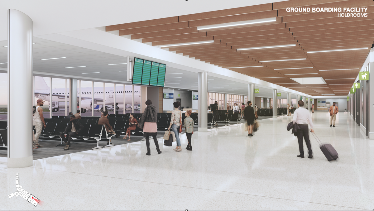 The planned ground transportation facility holding area at Sarasota Bradenton International Airport would look like this. Passengers would board their flight by stairs or handicapped accessible ramps.