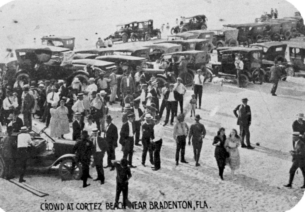 Automobiles are parked on the beach at Cortez Beach, the early name for the Bradenton Beach area of Anna Maria Island between 1905 and 1915.