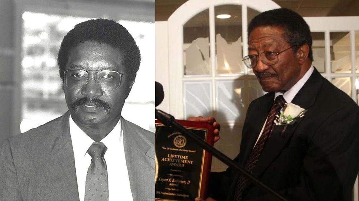 The Manatee County Law Library is being renamed for the county’s first Black attorney, Layon F. Robinson. On left, he’s shown in 1989, and on the right he accepts the NAACP’s Lifetime Achievement Award in 2016.