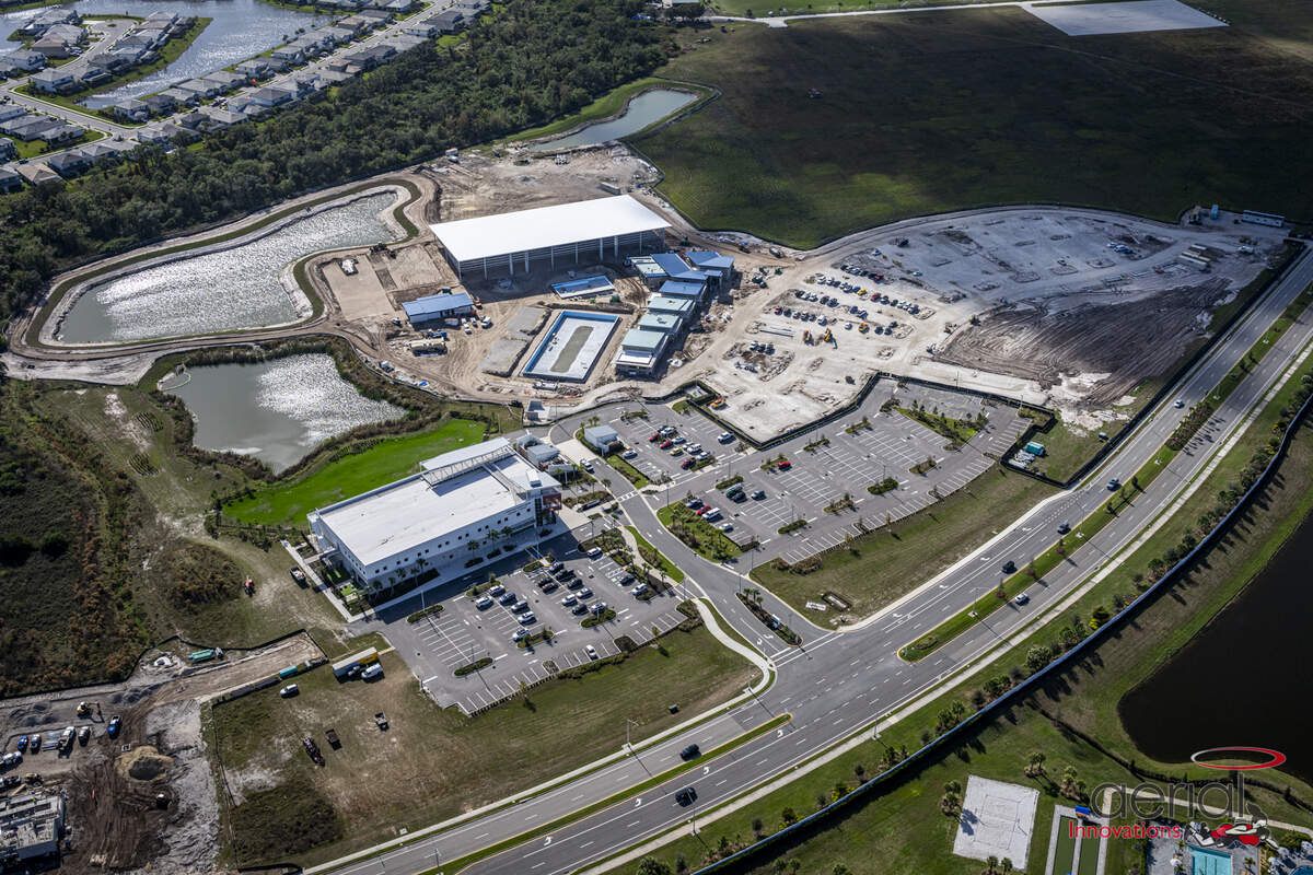 An overhead view of the Athletics & Aquatics Center coming to the new Premier Sports Campus North in September 2026. The 44,000-square-foot facility is an expansion project that will feature two swimming pools and 24 pickleball courts.